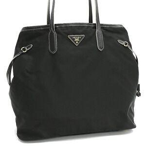 Prada Shoulder Tote Bag Leather Black Triangle Plate